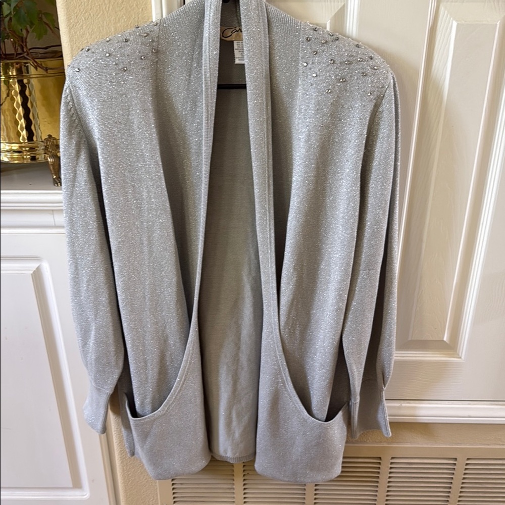 Vintage statement Elegant Gray Silver metallic Sweater with crystals size large